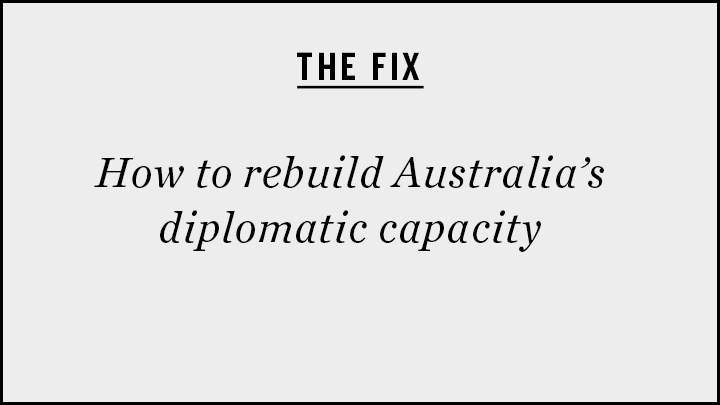 Text on grey background reading: THE FIX How to rebuild Australia’s diplomatic capacity